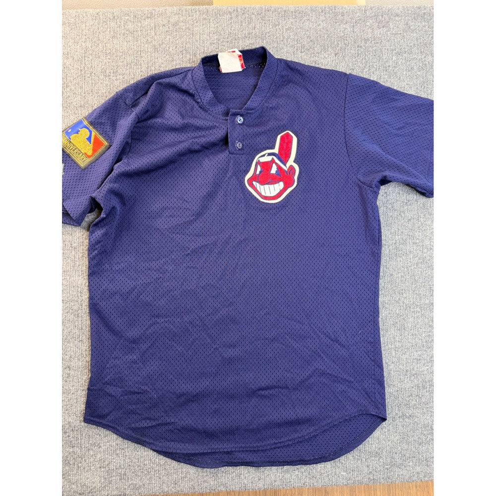 Vintage Majestic Cleveland Indians Jersey L Navy Blue Mesh Chief Wahoo USA Made